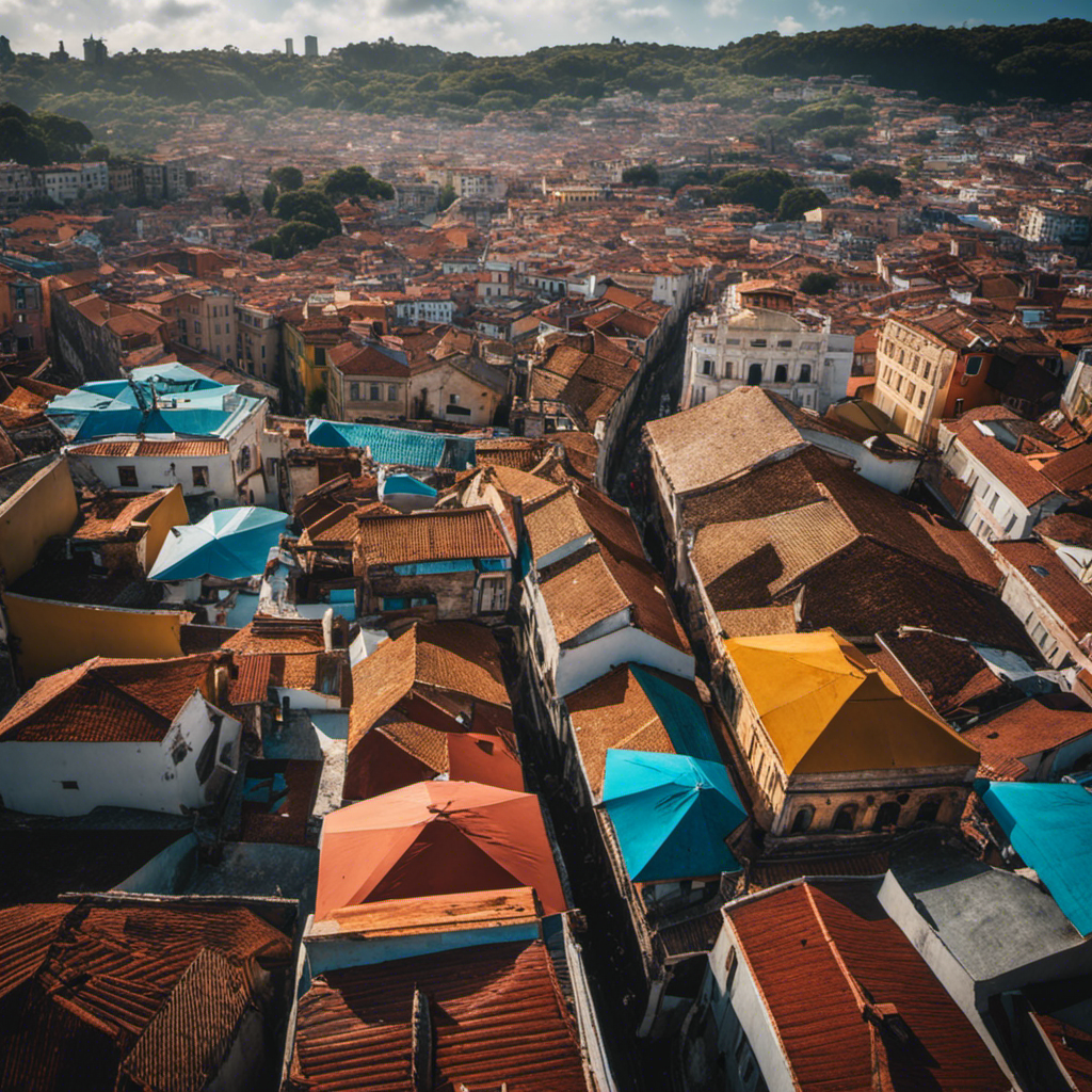 An image showcasing the vibrant and diverse world of Com Br Domínio, with a panoramic view of its bustling cityscape, adorned with colorful buildings, bustling markets, and locals engaged in lively activities