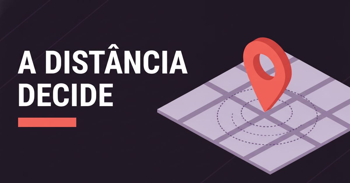 Ilustração de um marcador de mapa sobre uma grelha de ruas com círculos de raio, representando o fator distância nas pesquisas locais do Google