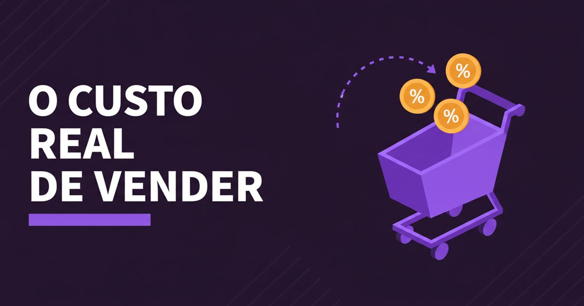 Ilustração do custo real de vender online em Portugal: carrinho de compras com moedas de comissão a cair sobre cada venda