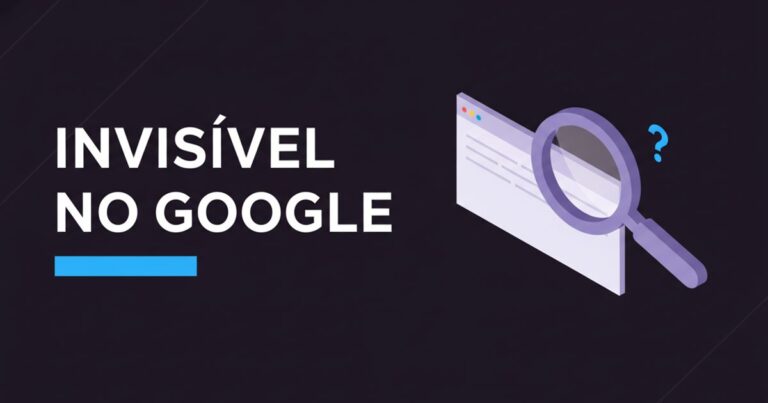 Ilustração de uma lupa sobre uma página de resultados de pesquisa vazia, representando um site que não aparece no Google