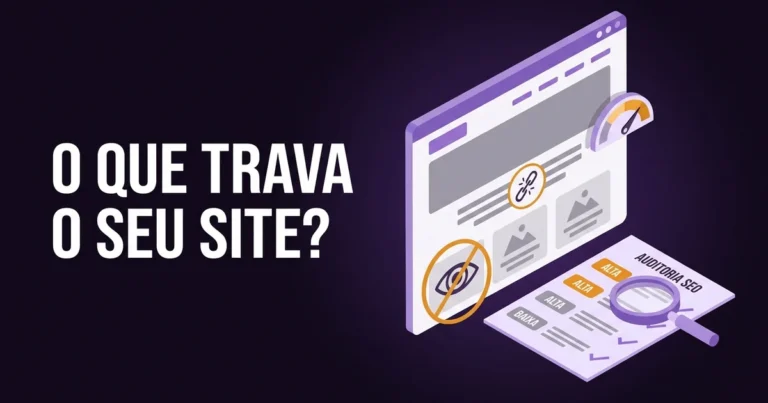 Ilustração de uma auditoria SEO: um site com três problemas assinalados a âmbar, um relatório com etiquetas de prioridade «ALTA» e «BAIXA» sob uma lupa, e o texto «O QUE TRAVA O SEU SITE?»