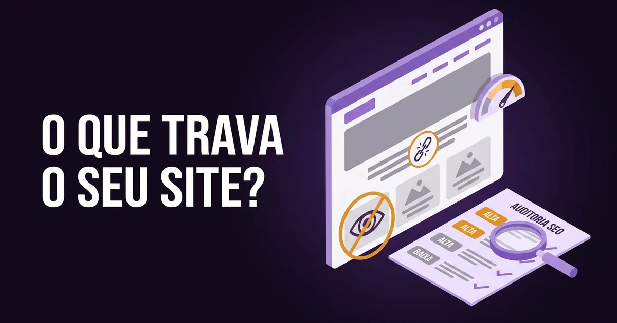 Ilustração de uma auditoria SEO: um site com três problemas assinalados a âmbar, um relatório com etiquetas de prioridade «ALTA» e «BAIXA» sob uma lupa, e o texto «O QUE TRAVA O SEU SITE?»