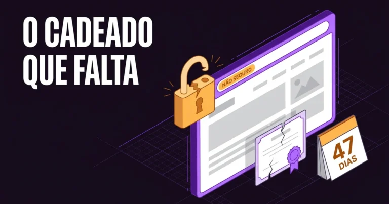 Ilustração de uma janela de navegador com um cadeado partido e o aviso «Não seguro» na barra de endereço, um certificado rachado e um calendário com 47 dias, com o texto «O cadeado que falta».