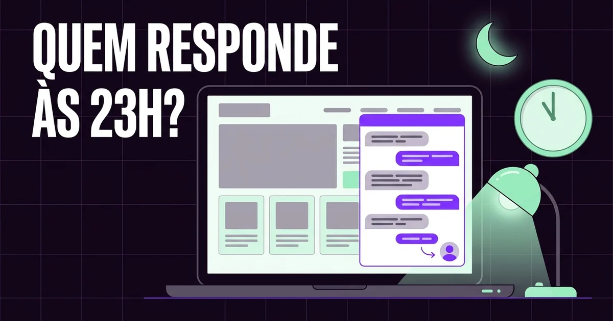 Ilustração de um portátil à noite com o site de uma empresa aberto e a janela de chat a responder a um cliente, com uma seta para o ícone de uma pessoa, um relógio nas onze horas e o texto Quem responde às 23h?