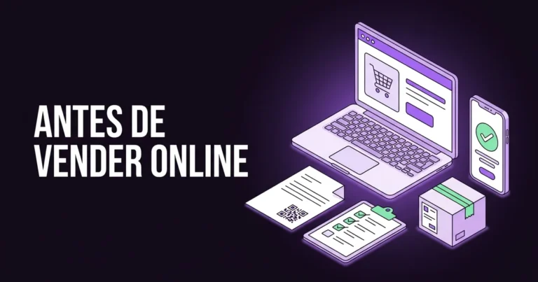 Ilustração de uma loja online num portátil, com um telemóvel a confirmar um pagamento, uma fatura, uma lista de verificação e uma encomenda, e o texto Antes de vender online