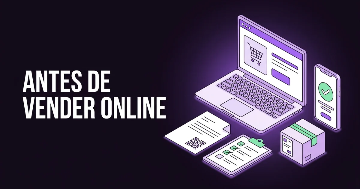 Ilustração de uma loja online num portátil, com um telemóvel a confirmar um pagamento, uma fatura, uma lista de verificação e uma encomenda, e o texto Antes de vender online