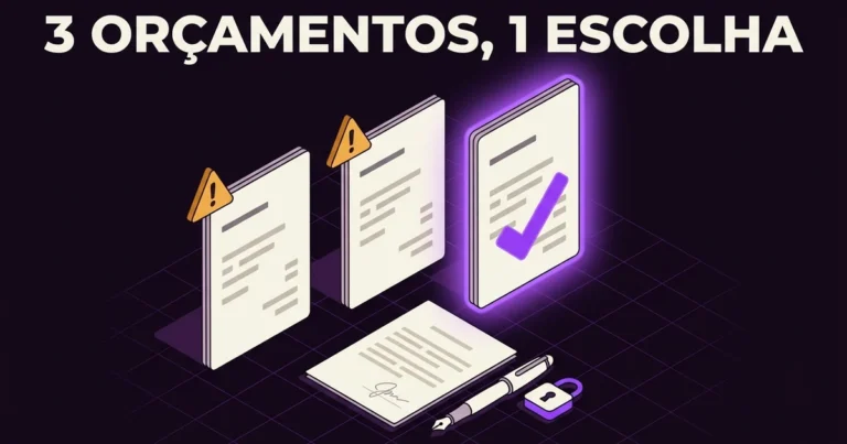 Ilustração de três propostas de criação de site lado a lado, uma marcada com um visto violeta e duas com bandeiras de aviso, sobre um contrato assinado, com o texto 3 orçamentos, 1 escolha.