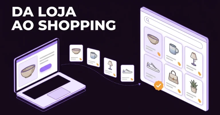 Ilustração de uma loja online num portátil cujos produtos seguem, em pequenos cartões, para uma grelha de resultados de pesquisa com fotos de produtos e etiquetas de preço, com o texto «Da loja ao Shopping».