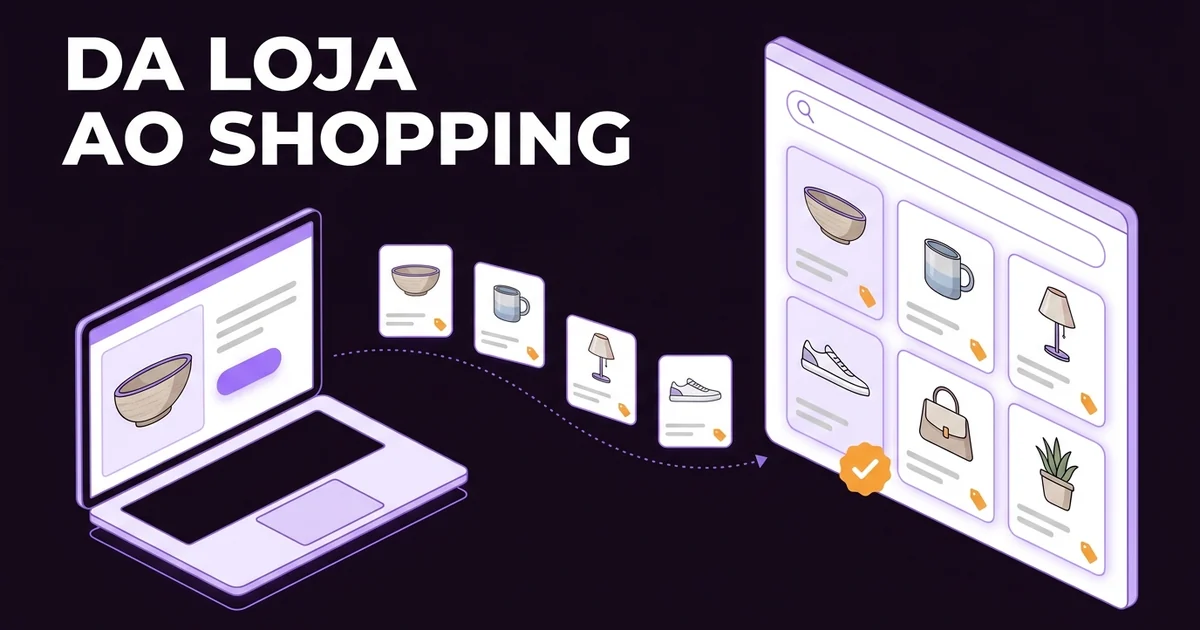 Ilustração de uma loja online num portátil cujos produtos seguem, em pequenos cartões, para uma grelha de resultados de pesquisa com fotos de produtos e etiquetas de preço, com o texto «Da loja ao Shopping».