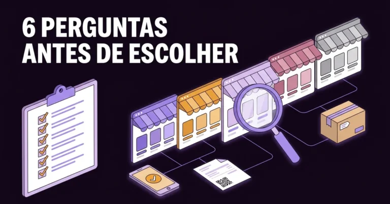 Ilustração de cinco montras de loja online genéricas lado a lado, com uma lupa, uma lista de seis pontos assinalados, um telemóvel a aprovar um pagamento, uma fatura com código QR e uma encomenda, e o texto «6 perguntas antes de escolher».