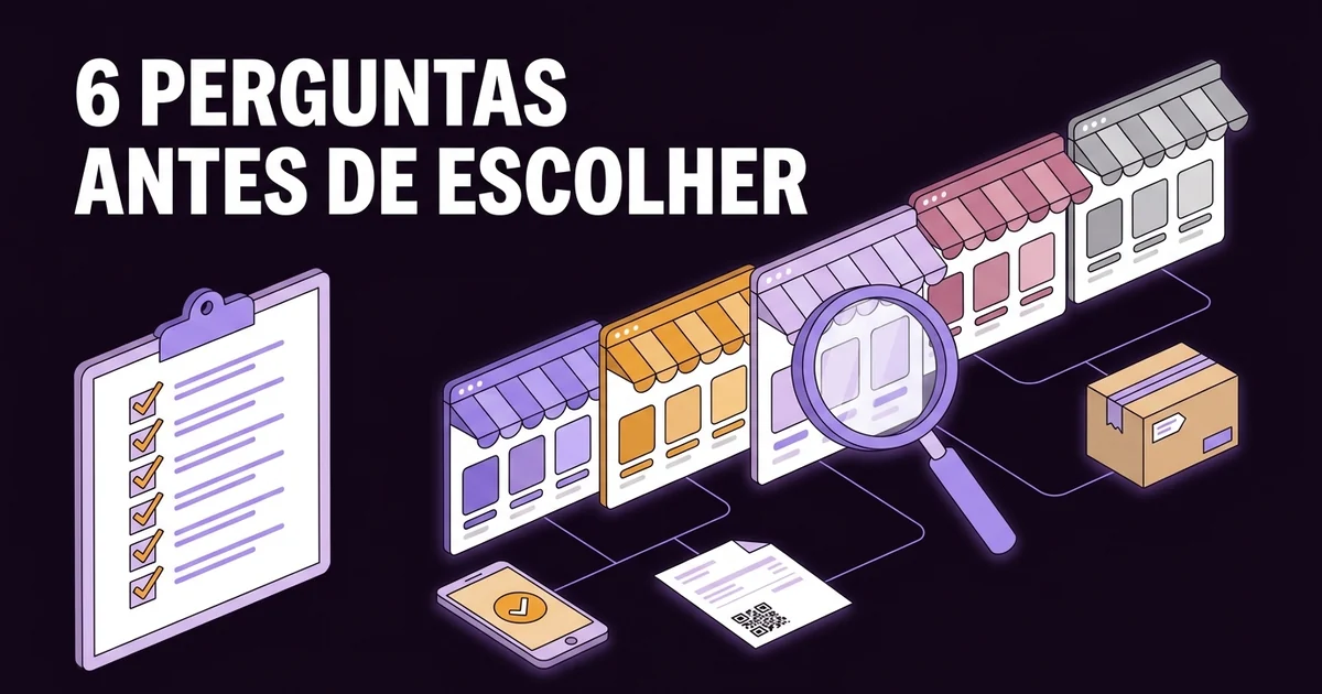 Ilustração de cinco montras de loja online genéricas lado a lado, com uma lupa, uma lista de seis pontos assinalados, um telemóvel a aprovar um pagamento, uma fatura com código QR e uma encomenda, e o texto «6 perguntas antes de escolher».