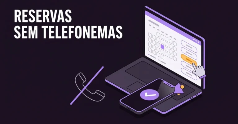 Ilustração de um portátil com a página de reservas de um site, um calendário e um horário escolhido com o cursor, um telemóvel com a reserva confirmada e um telefone riscado, com o texto «Reservas sem telefonemas».