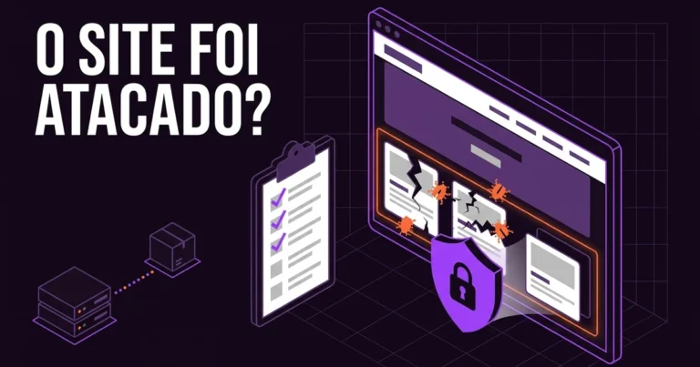 Ilustração de um site num navegador com blocos partidos e insetos a sair, a ser protegido por um escudo com cadeado, com uma lista de passos a ser marcada e uma cópia de segurança guardada fora do servidor, e o texto O site foi atacado?