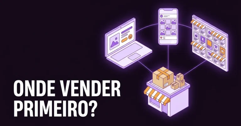 Ilustração de uma pequena loja com uma encomenda, ligada a três canais de venda: uma loja online num portátil, um feed de rede social num telemóvel e um marketplace com muitos produtos, com o texto Onde vender primeiro?
