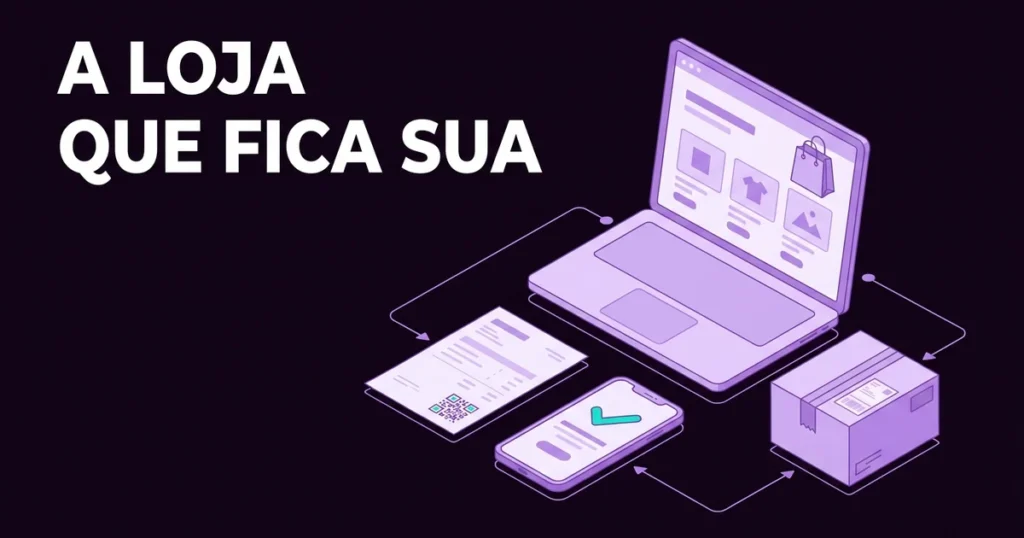 Ilustração de uma loja online num portátil, com um telemóvel a aprovar um pagamento, uma fatura com código QR e uma caixa pronta a enviar, ligados por linhas violeta, e o texto «A loja que fica sua».