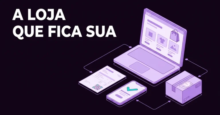 Ilustração de uma loja online num portátil, com um telemóvel a aprovar um pagamento, uma fatura com código QR e uma caixa pronta a enviar, ligados por linhas violeta, e o texto «A loja que fica sua».