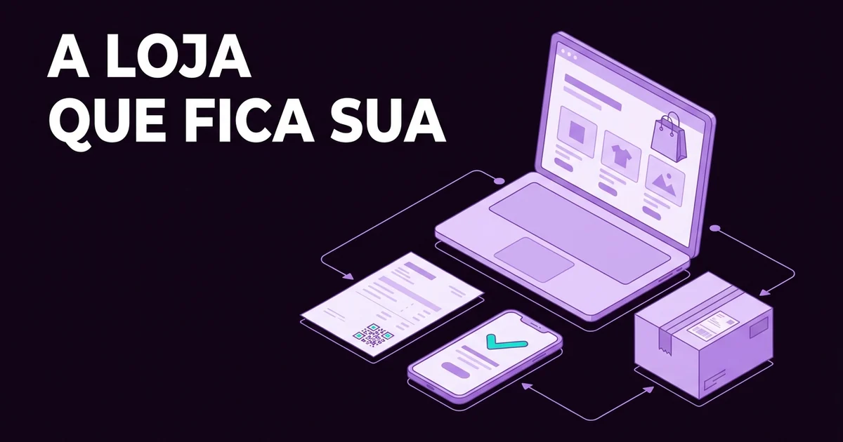 Ilustração de uma loja online num portátil, com um telemóvel a aprovar um pagamento, uma fatura com código QR e uma caixa pronta a enviar, ligados por linhas violeta, e o texto «A loja que fica sua».