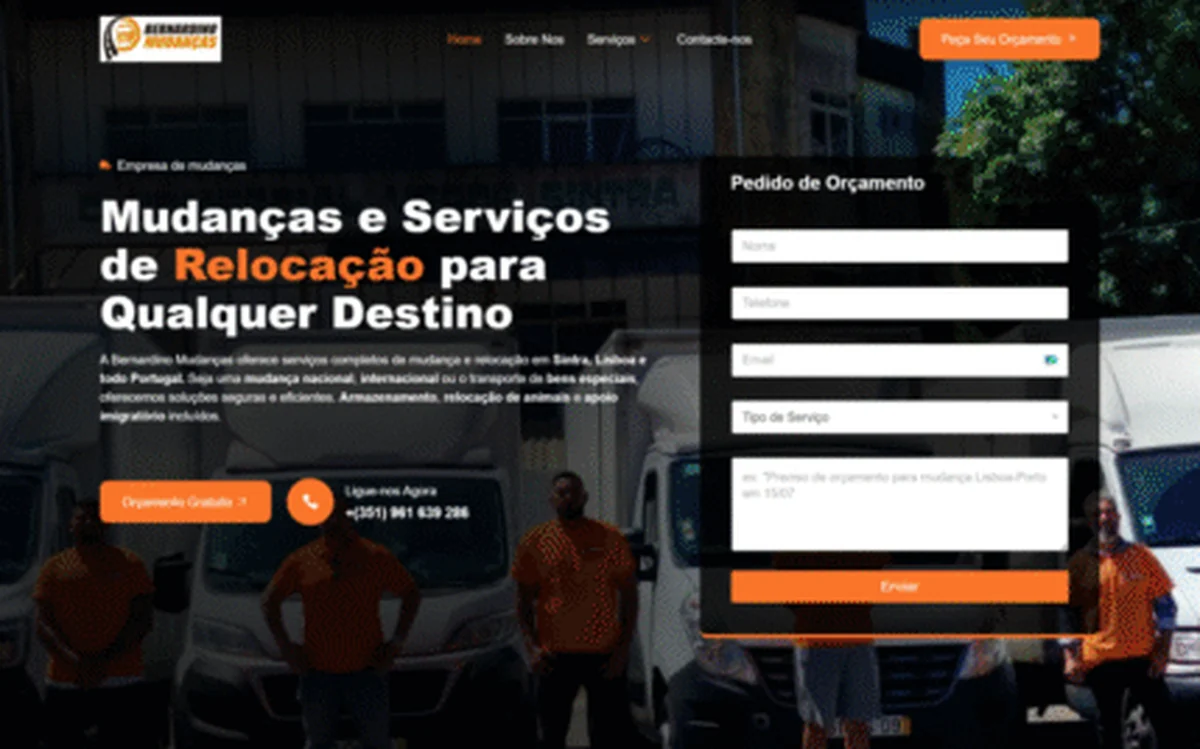 Página principal do site de Bernardino Mudanças